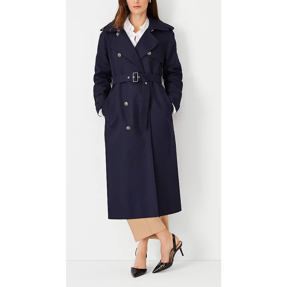 NEW ANN TAYLOR NIGHT SKY BLUE LONG TWILL RAGLAN TRENCH COAT JACKET SZ XXS